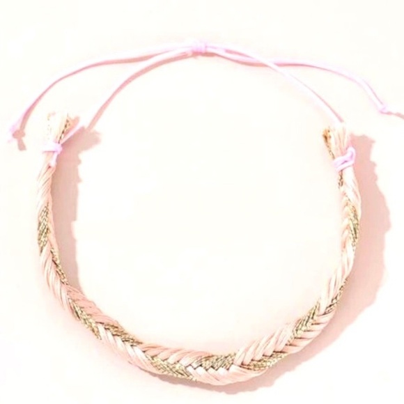 “Fishtail Braid” Pastel Pale Pink Thread & Gold Bugle Tube Bead Elegant Bracelet - Picture 4 of 6